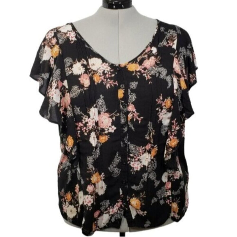 Torrid Semi Sheer Floral Pleated Ruffle Button Up Black Shirt Women's Size 2X